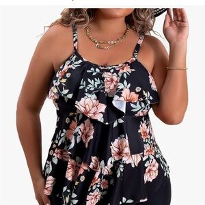 Floral Ruffle Black Swim Dress